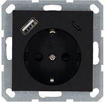 Розетка Shuko 16А с заземл. защ. шторки с 2-мя заряд. устройствами USB тип A+C 25Вт механизм черн. м