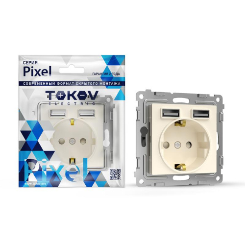 Розетка 1-м СП Pixel с заземл. с 2-мя заряд. устр. USB тип A+A механизм беж. TOKOV ELECTRIC TKE-PX-R фото 4